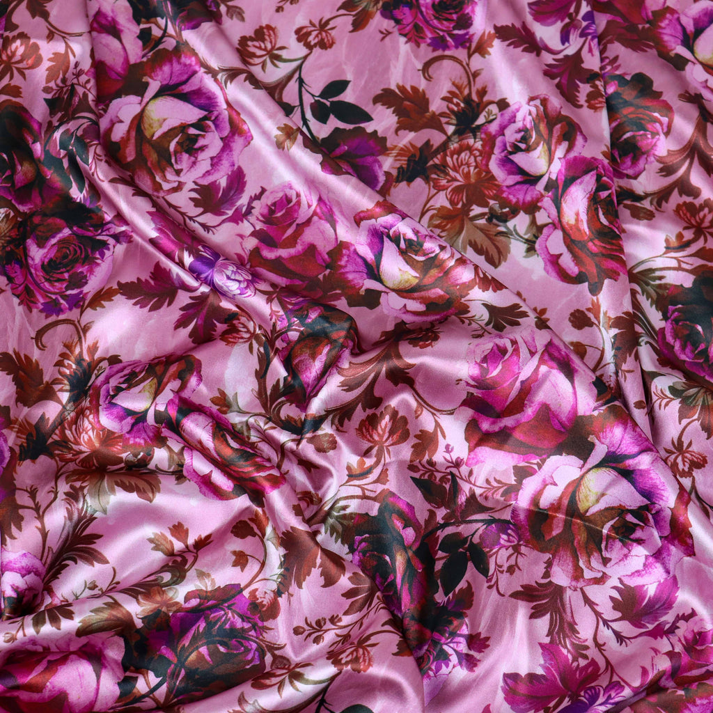 Pink Rose Floral Print Stretch Satin Dress Fabric