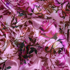 Pink Rose Floral Print Stretch Satin Dress Fabric