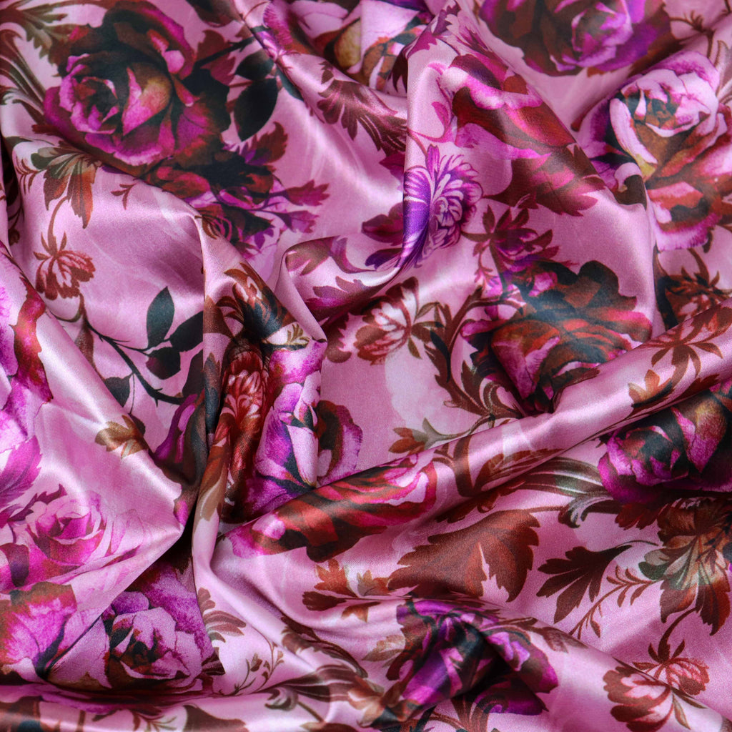 Pink Rose Floral Print Stretch Satin Dress Fabric