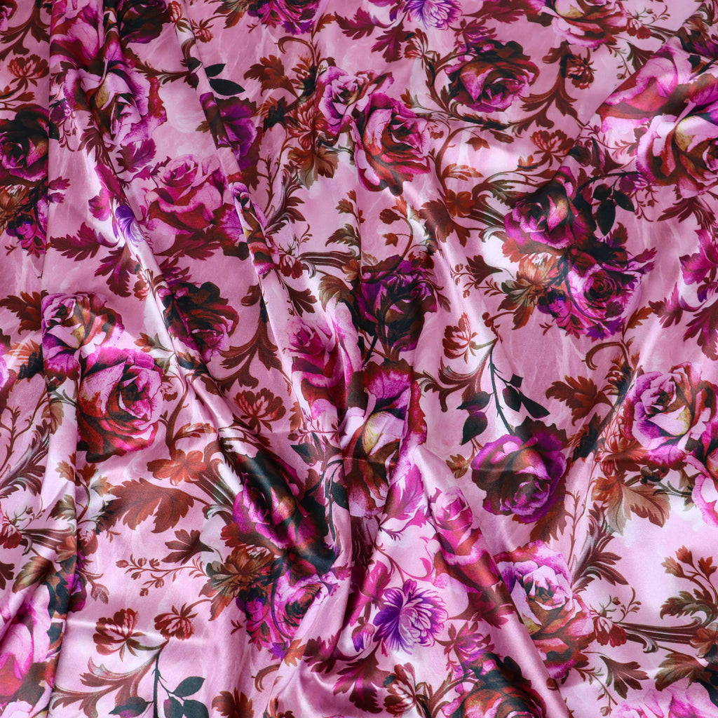 Pink Rose Floral Print Stretch Satin Dress Fabric