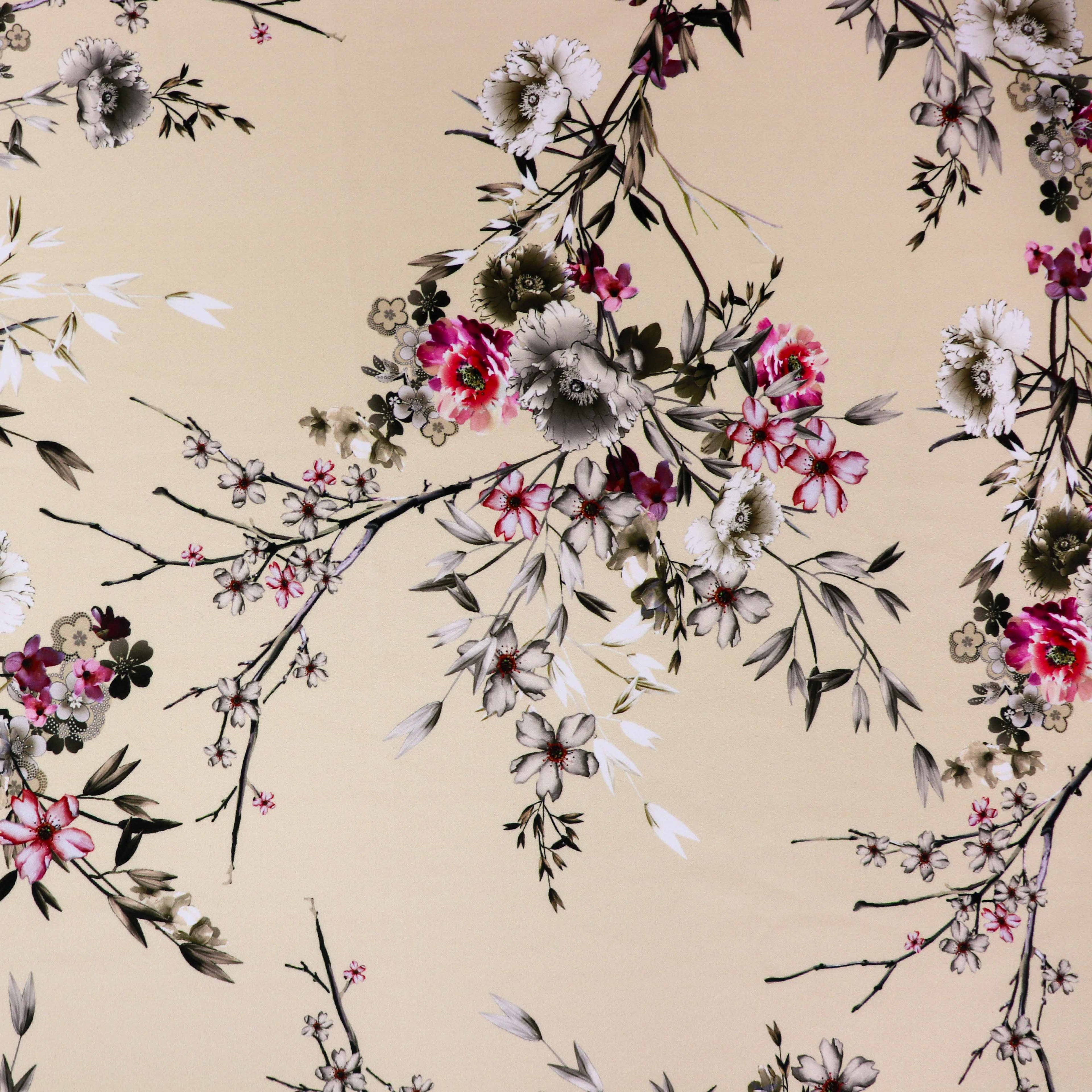 Butter Yellow Floral Scuba Crepe Fabric – Pink & Grey Flowers