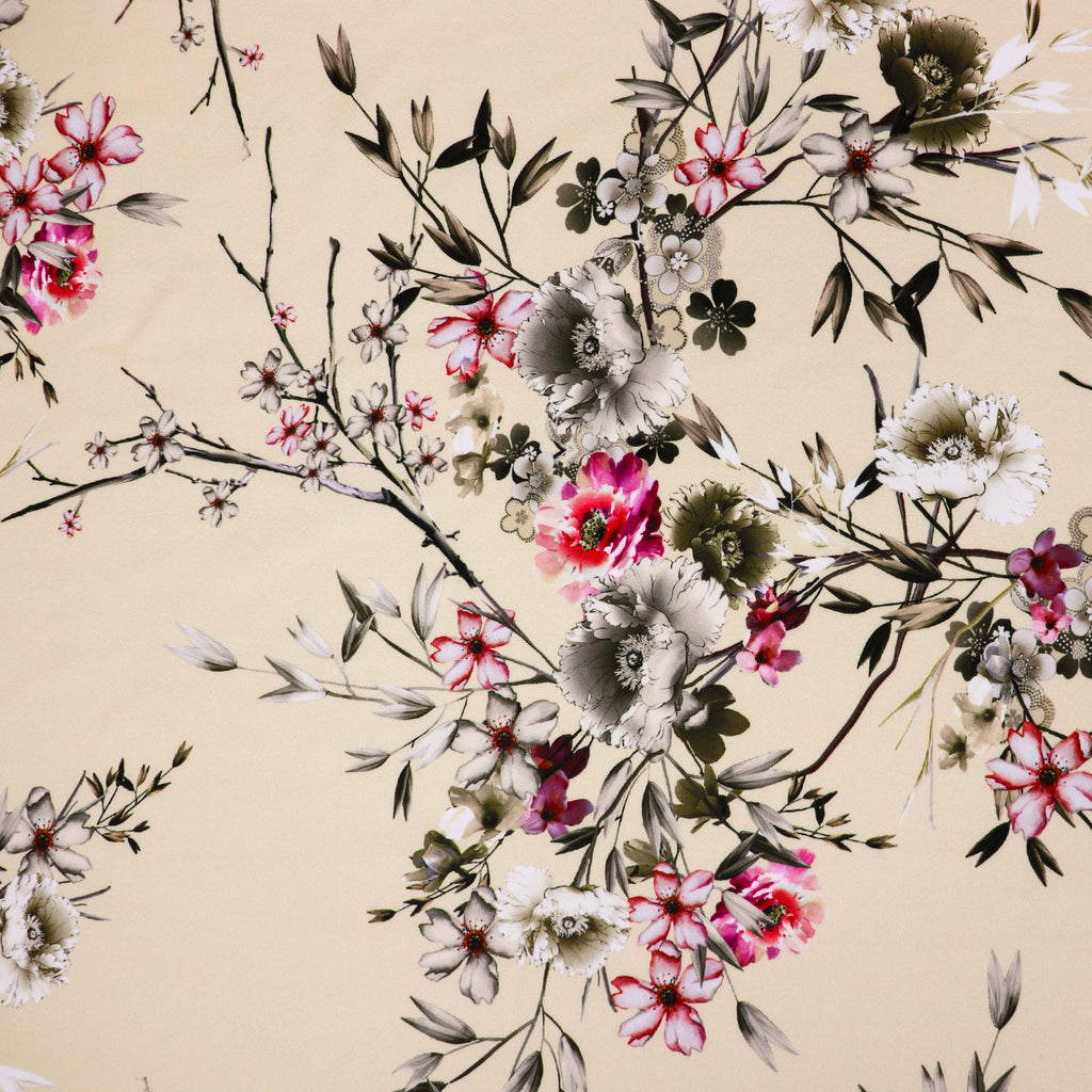 Butter Yellow Floral Scuba Crepe Fabric – Pink & Grey Flowers