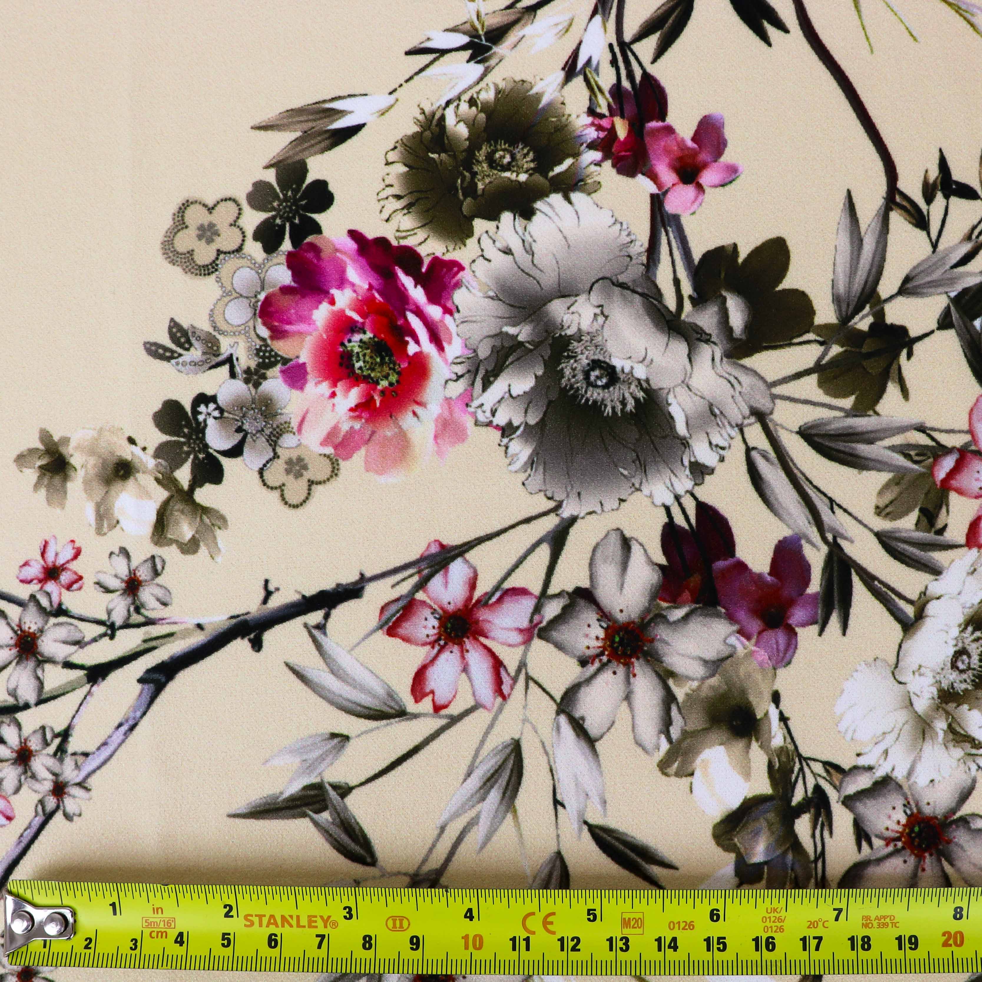 Butter Yellow Floral Scuba Crepe Fabric – Pink & Grey Flowers