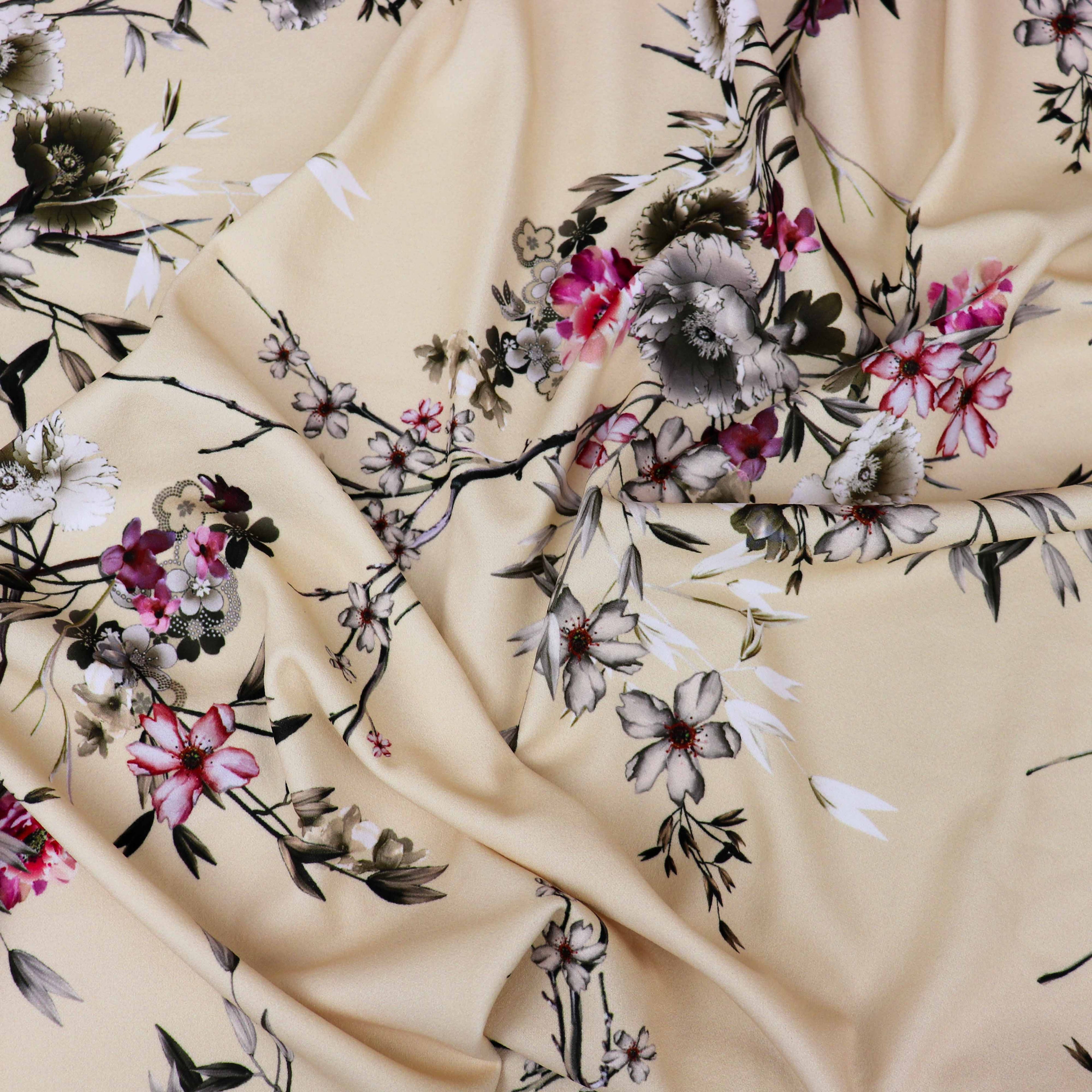 Butter Yellow Floral Scuba Crepe Fabric – Pink & Grey Flowers