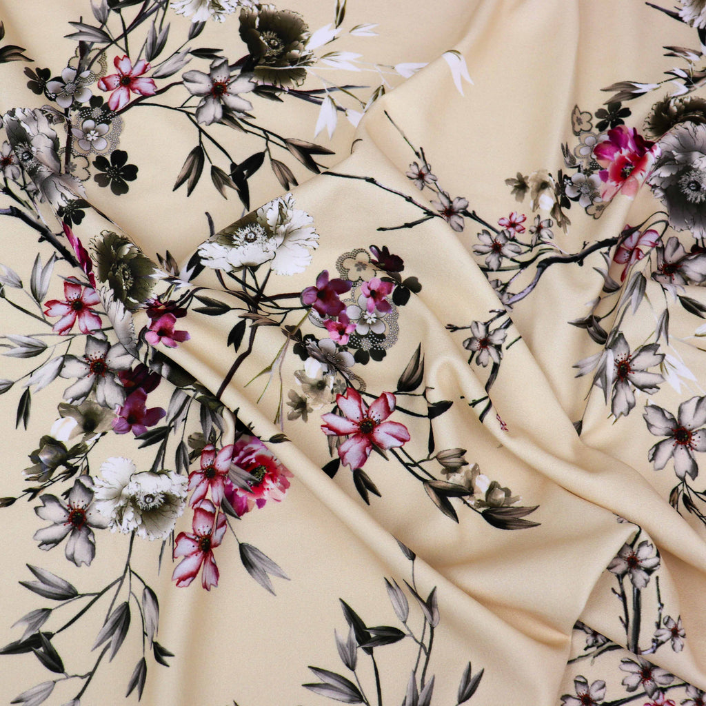 Butter Yellow Floral Scuba Crepe Fabric – Pink & Grey Flowers