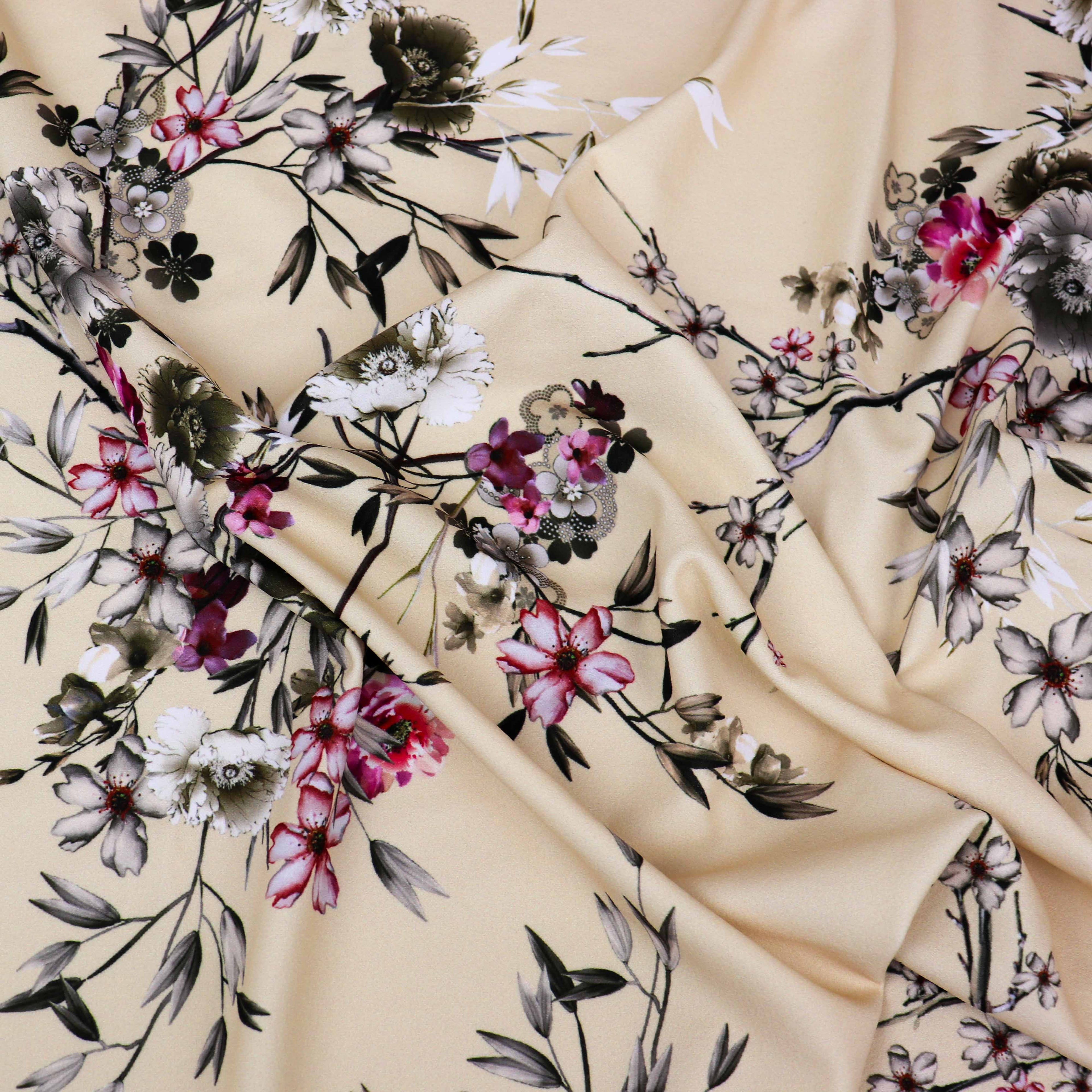 Butter Yellow Floral Scuba Crepe Fabric – Pink & Grey Flowers