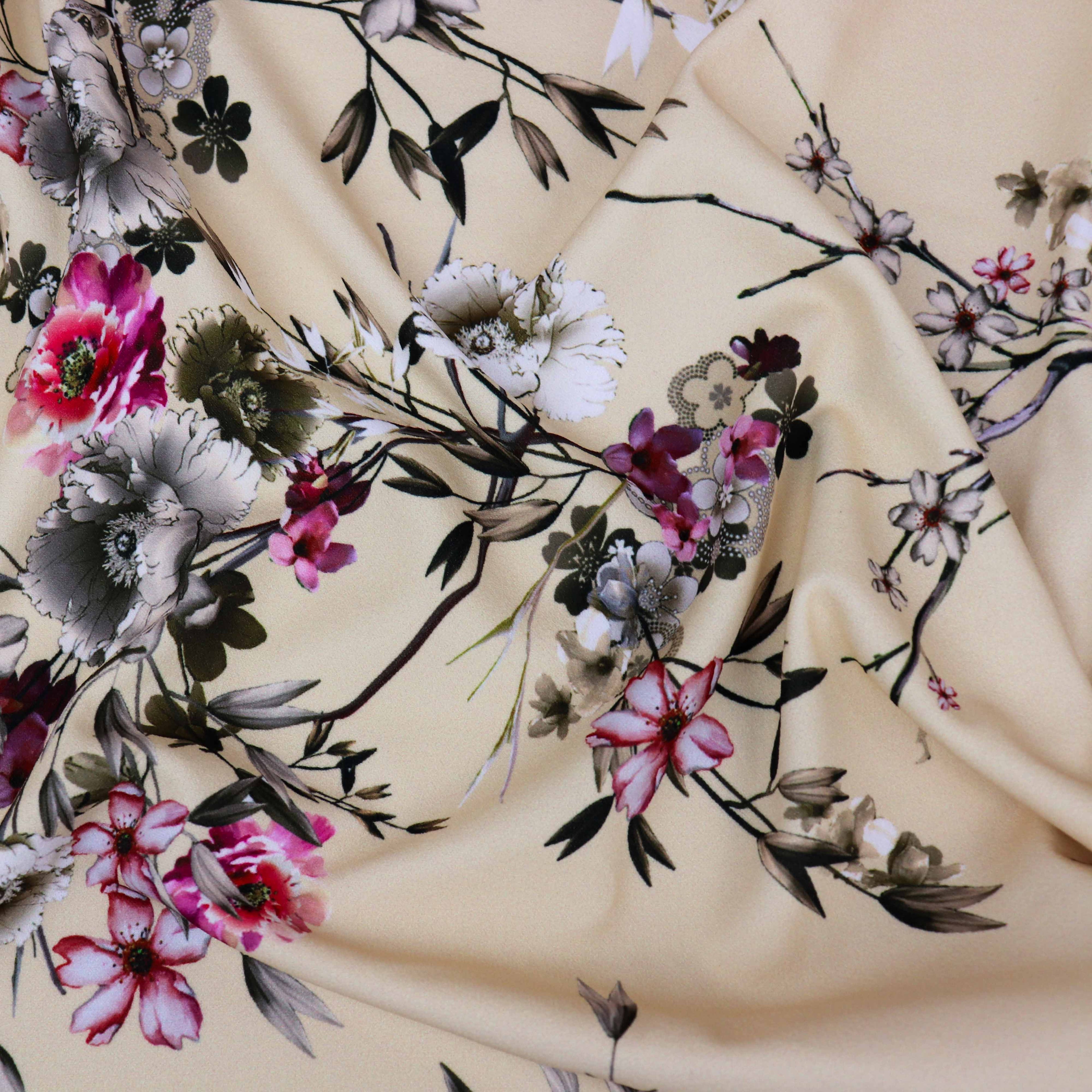 Butter Yellow Floral Scuba Crepe Fabric – Pink & Grey Flowers
