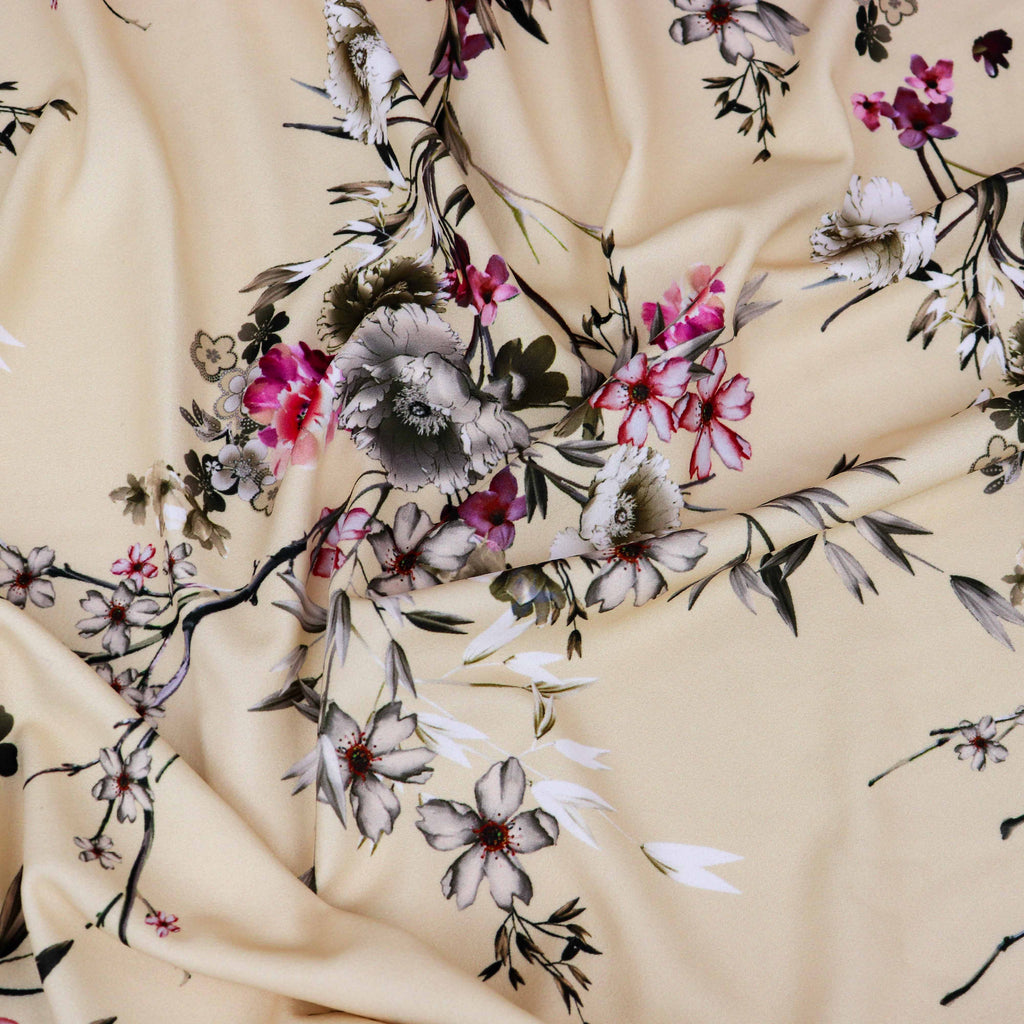 Butter Yellow Floral Scuba Crepe Fabric – Pink & Grey Flowers
