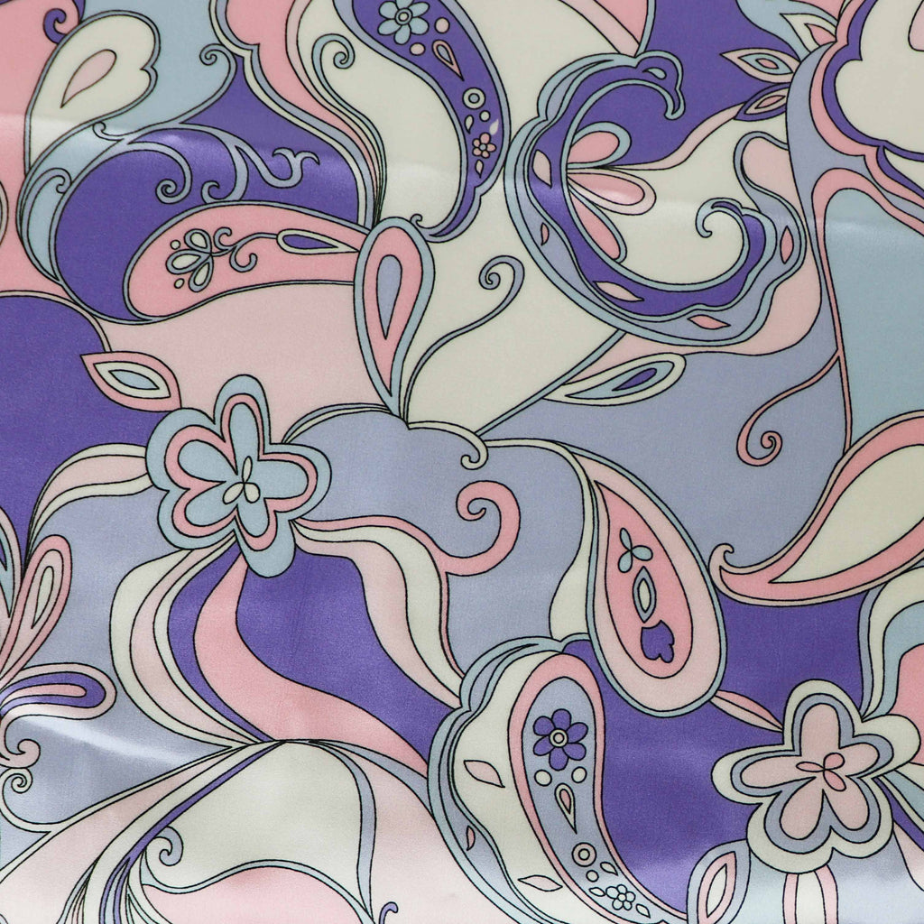 Pink & Purple Retro Paisley Print Stretch Satin Dress Fabric