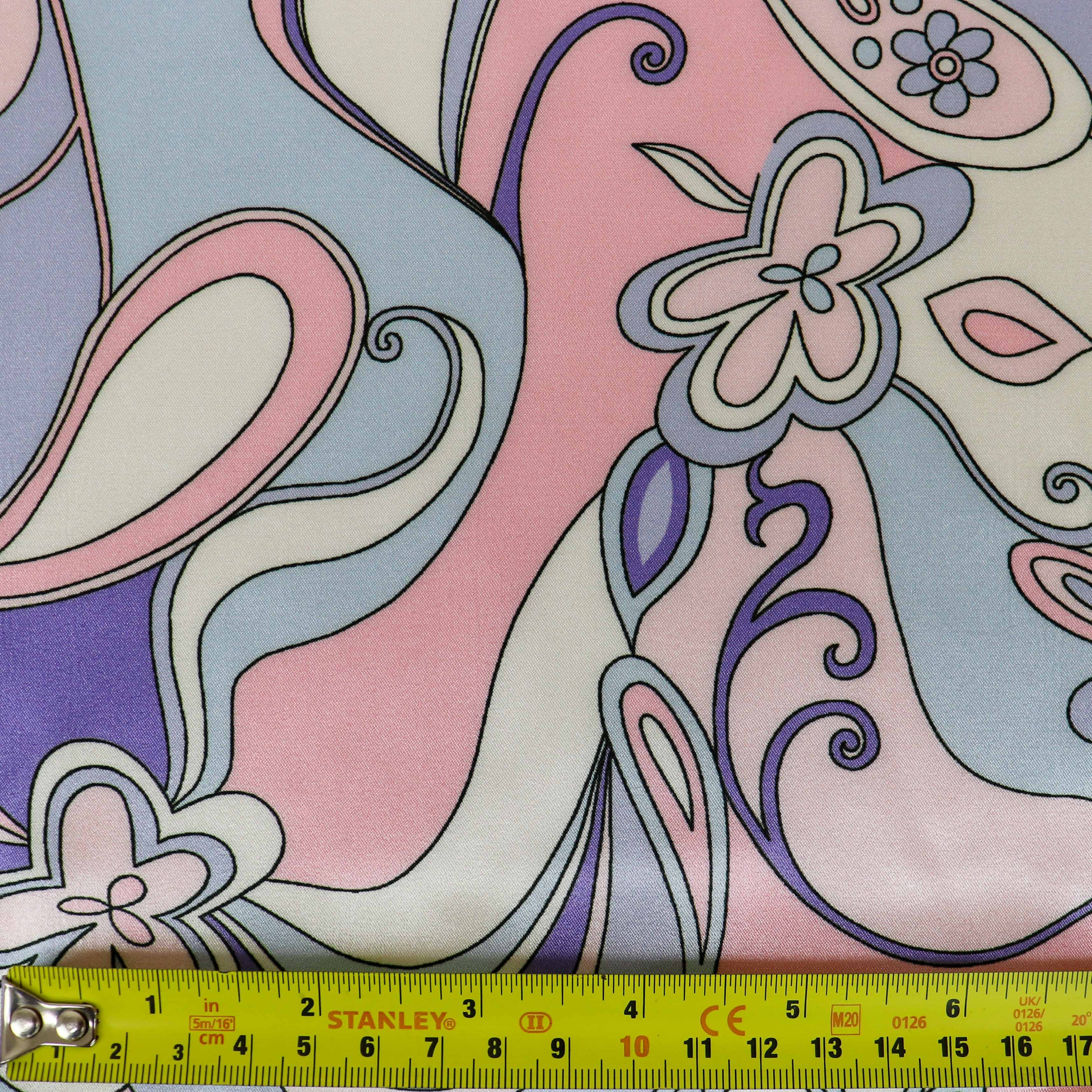 Pink & Purple Retro Paisley Print Stretch Satin Dress Fabric