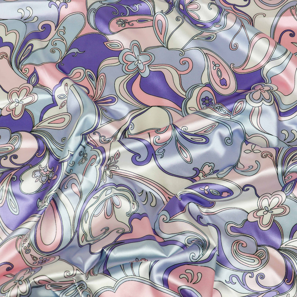 Pink & Purple Retro Paisley Print Stretch Satin Dress Fabric