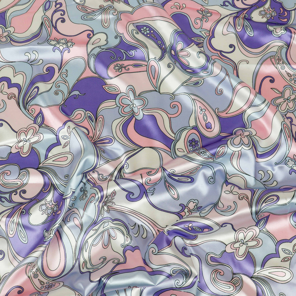 Pink & Purple Retro Paisley Print Stretch Satin Dress Fabric