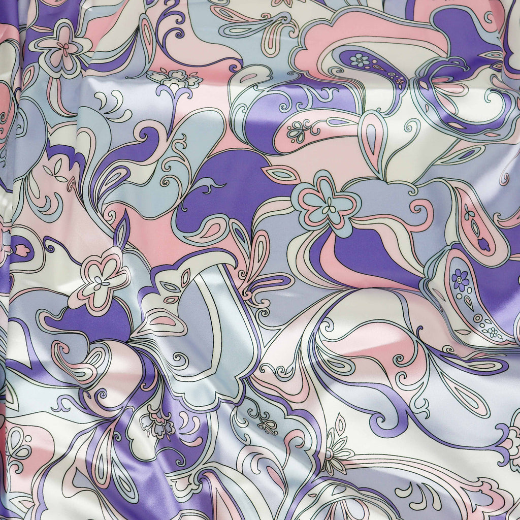 Pink & Purple Retro Paisley Print Stretch Satin Dress Fabric