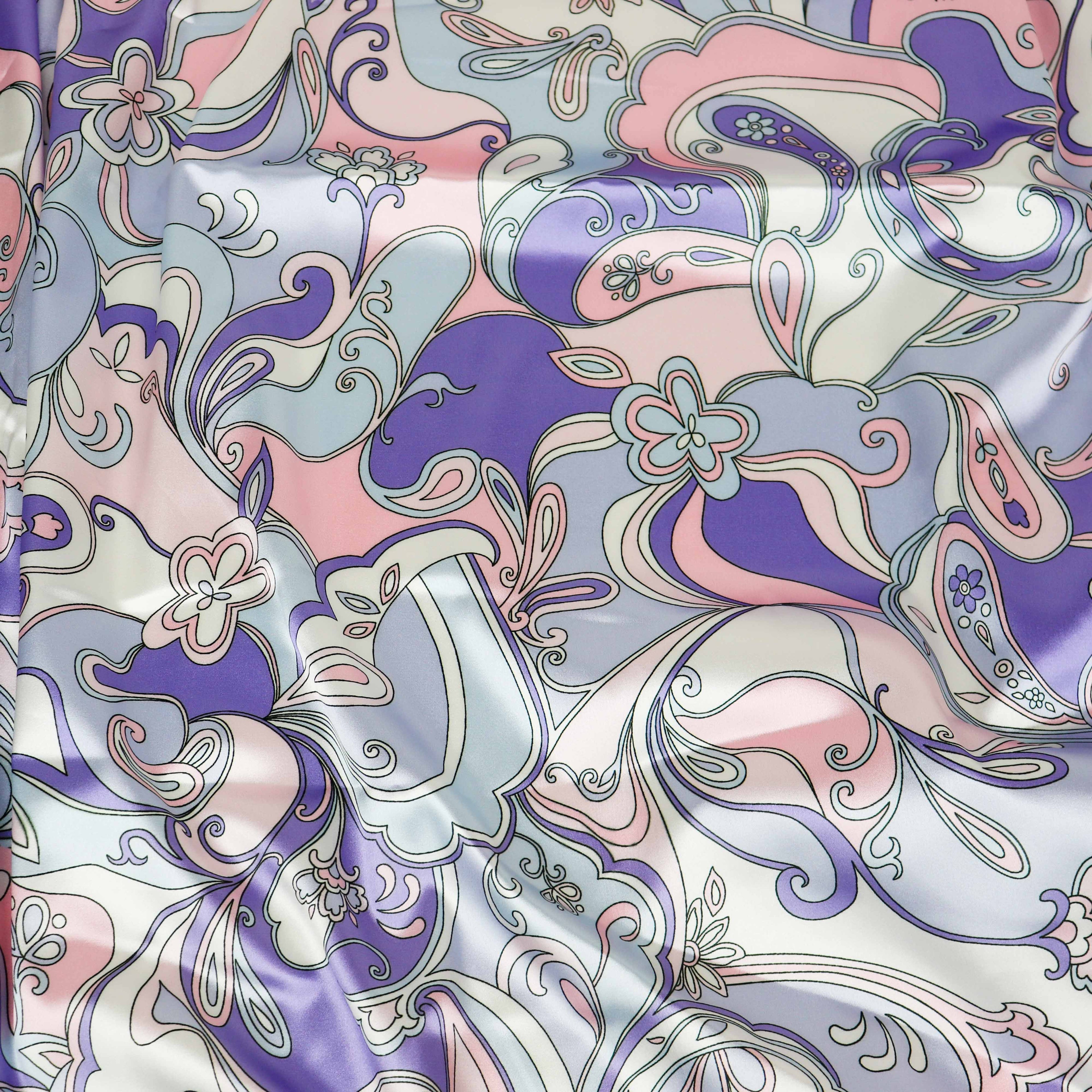 Pink & Purple Retro Paisley Print Stretch Satin Dress Fabric