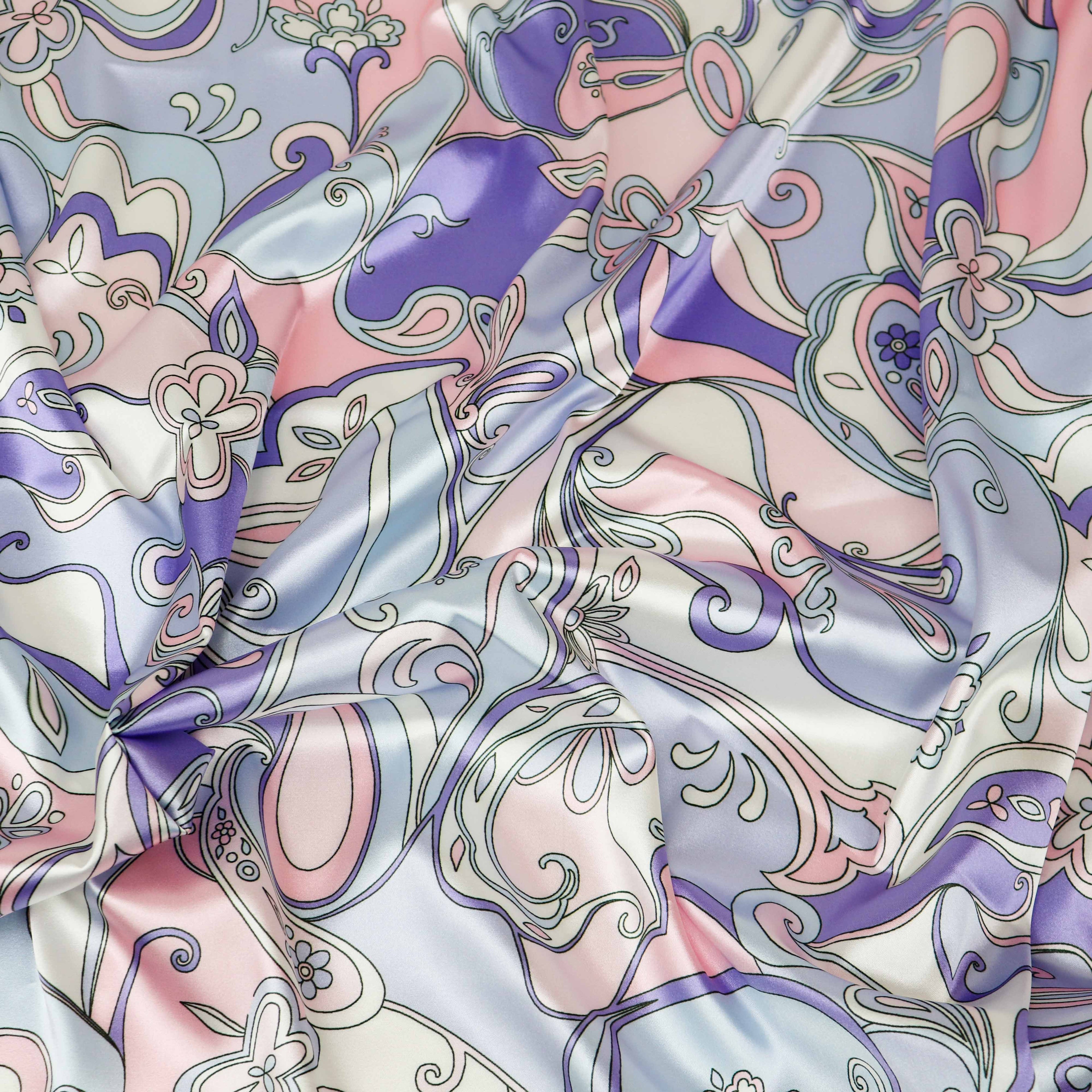 Pink & Purple Retro Paisley Print Stretch Satin Dress Fabric