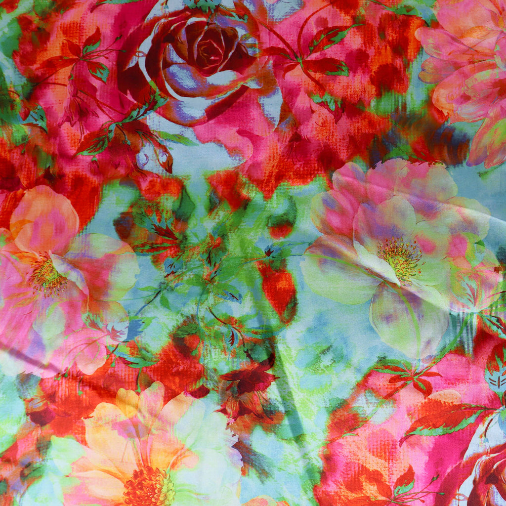 Vibrant Pink & Green Watercolour Floral Print Stretch Satin Fabric