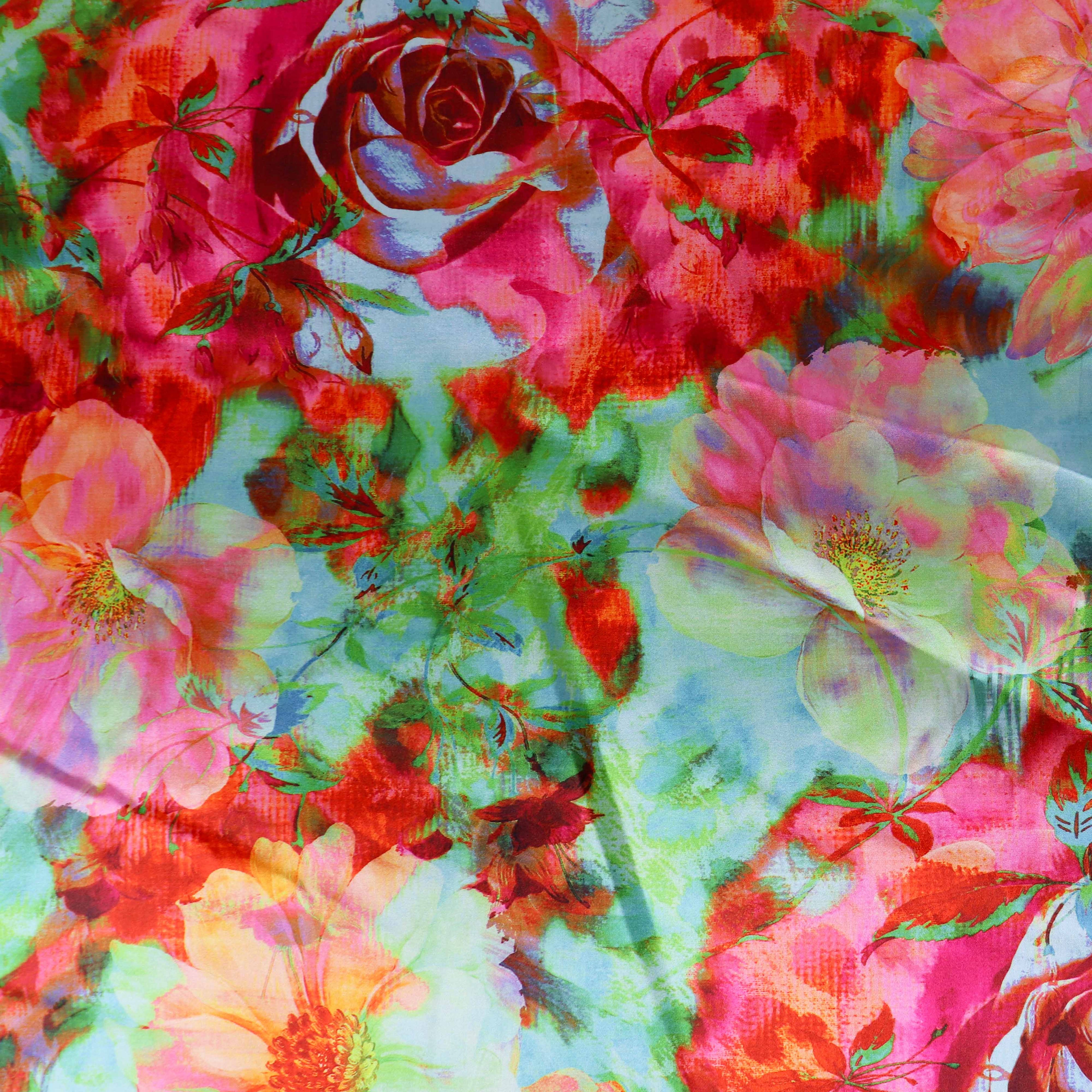 Vibrant Pink & Green Watercolour Floral Print Stretch Satin Fabric