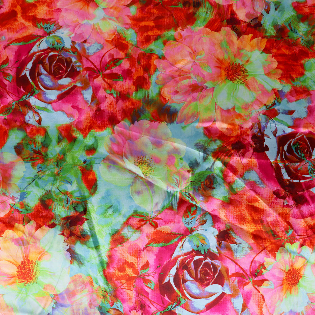 Vibrant Pink & Green Watercolour Floral Print Stretch Satin Fabric