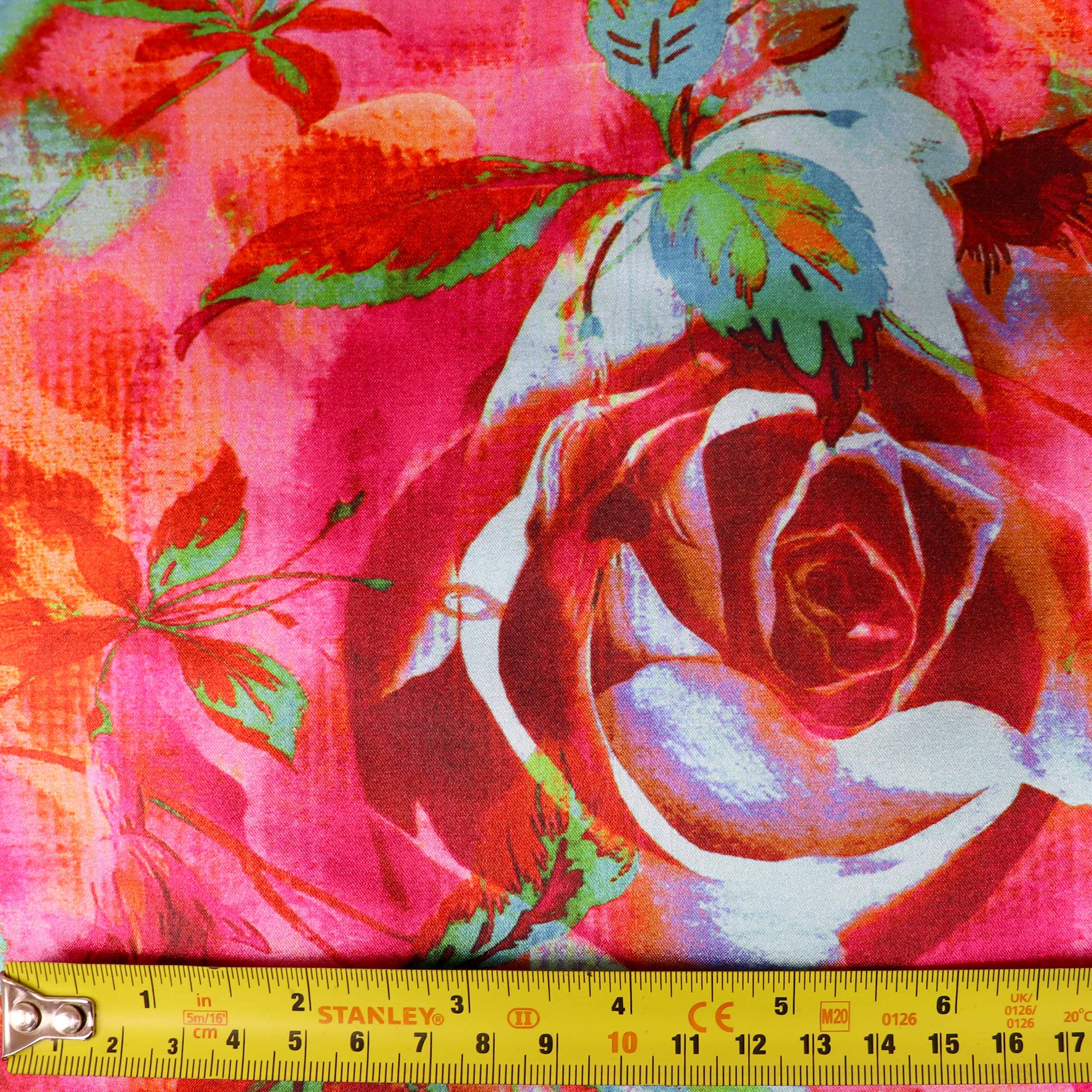 Vibrant Pink & Green Watercolour Floral Print Stretch Satin Fabric