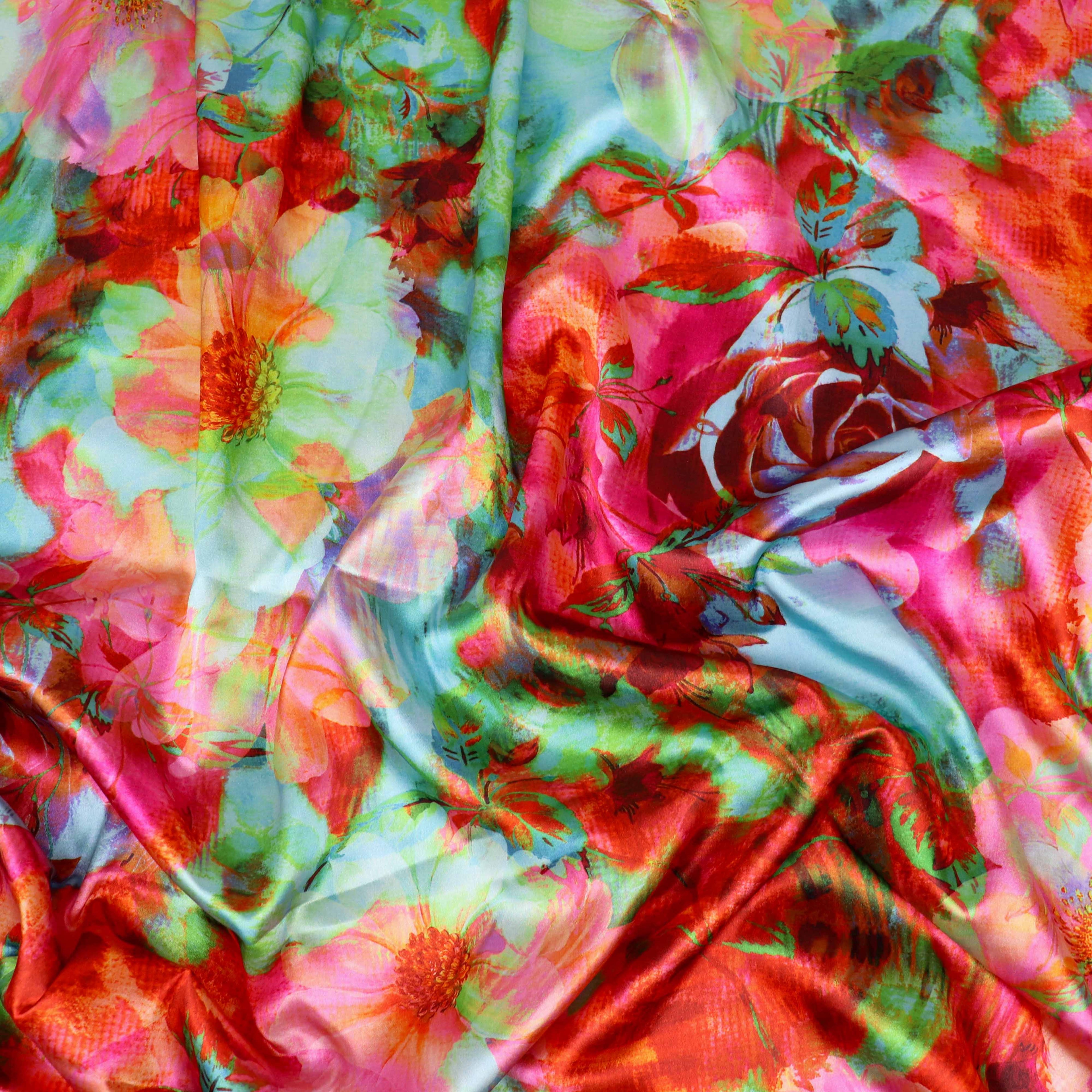 Vibrant Pink & Green Watercolour Floral Print Stretch Satin Fabric