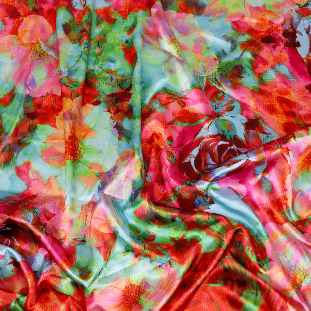 Vibrant Pink & Green Watercolour Floral Print Stretch Satin Fabric