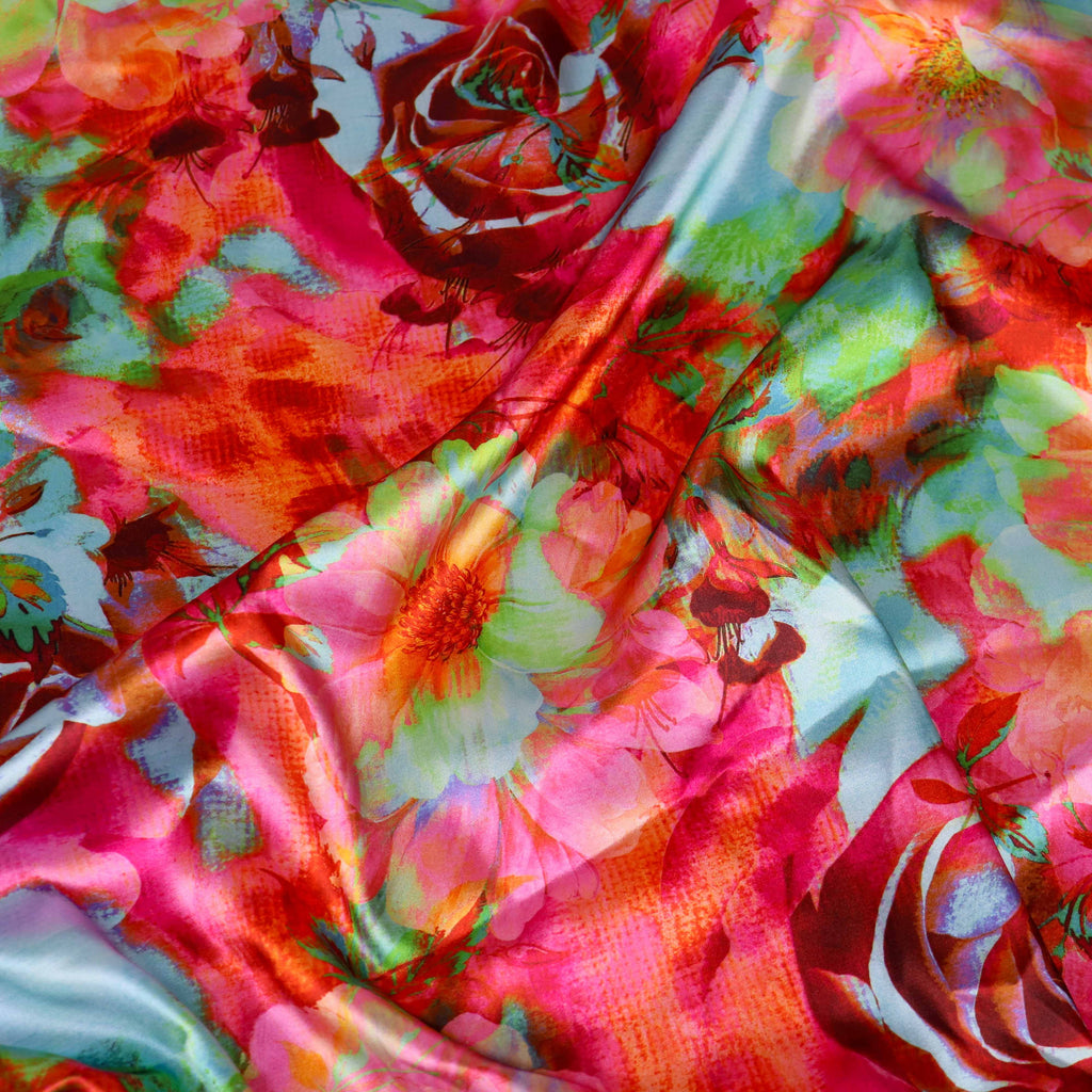 Vibrant Pink & Green Watercolour Floral Print Stretch Satin Fabric