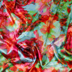 Vibrant Pink & Green Watercolour Floral Print Stretch Satin Fabric