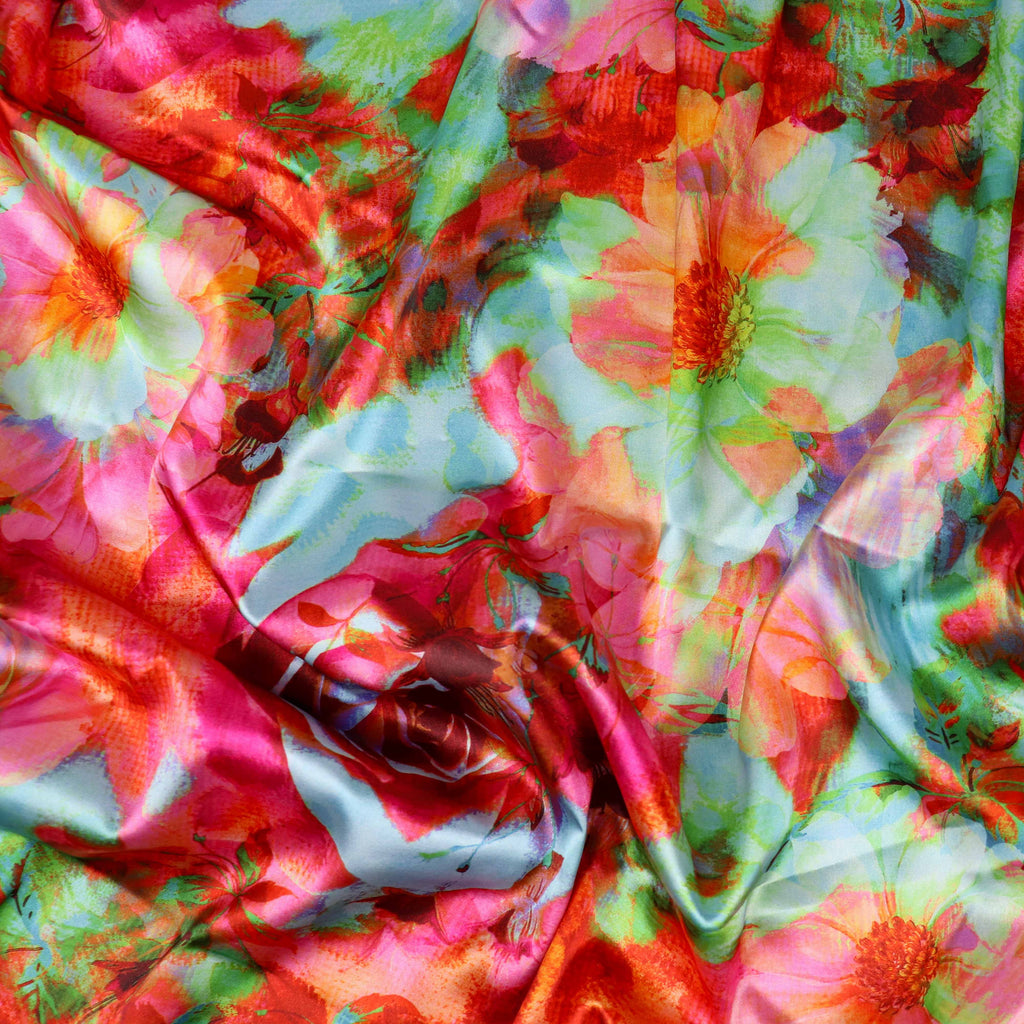 Vibrant Pink & Green Watercolour Floral Print Stretch Satin Fabric