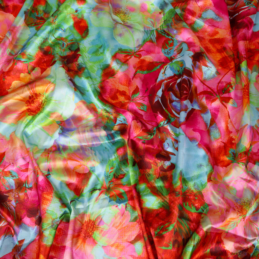 Vibrant Pink & Green Watercolour Floral Print Stretch Satin Fabric