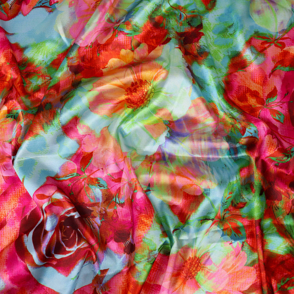 Vibrant Pink & Green Watercolour Floral Print Stretch Satin Fabric