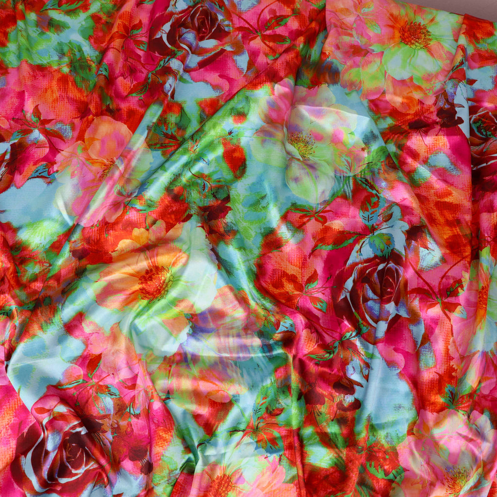 Vibrant Pink & Green Watercolour Floral Print Stretch Satin Fabric