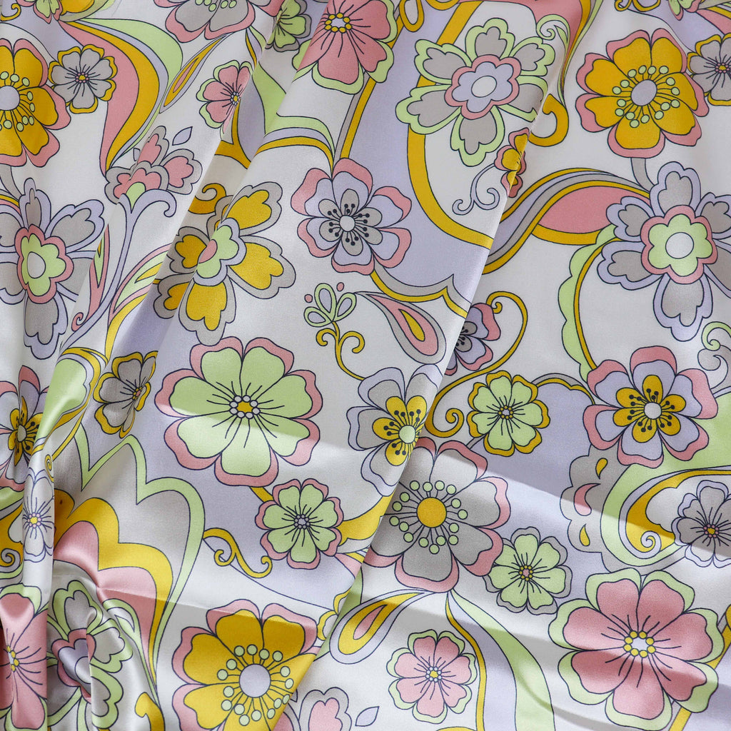 Retro Floral Print Stretch Satin Dress Fabric – Pink Yellow Lilac