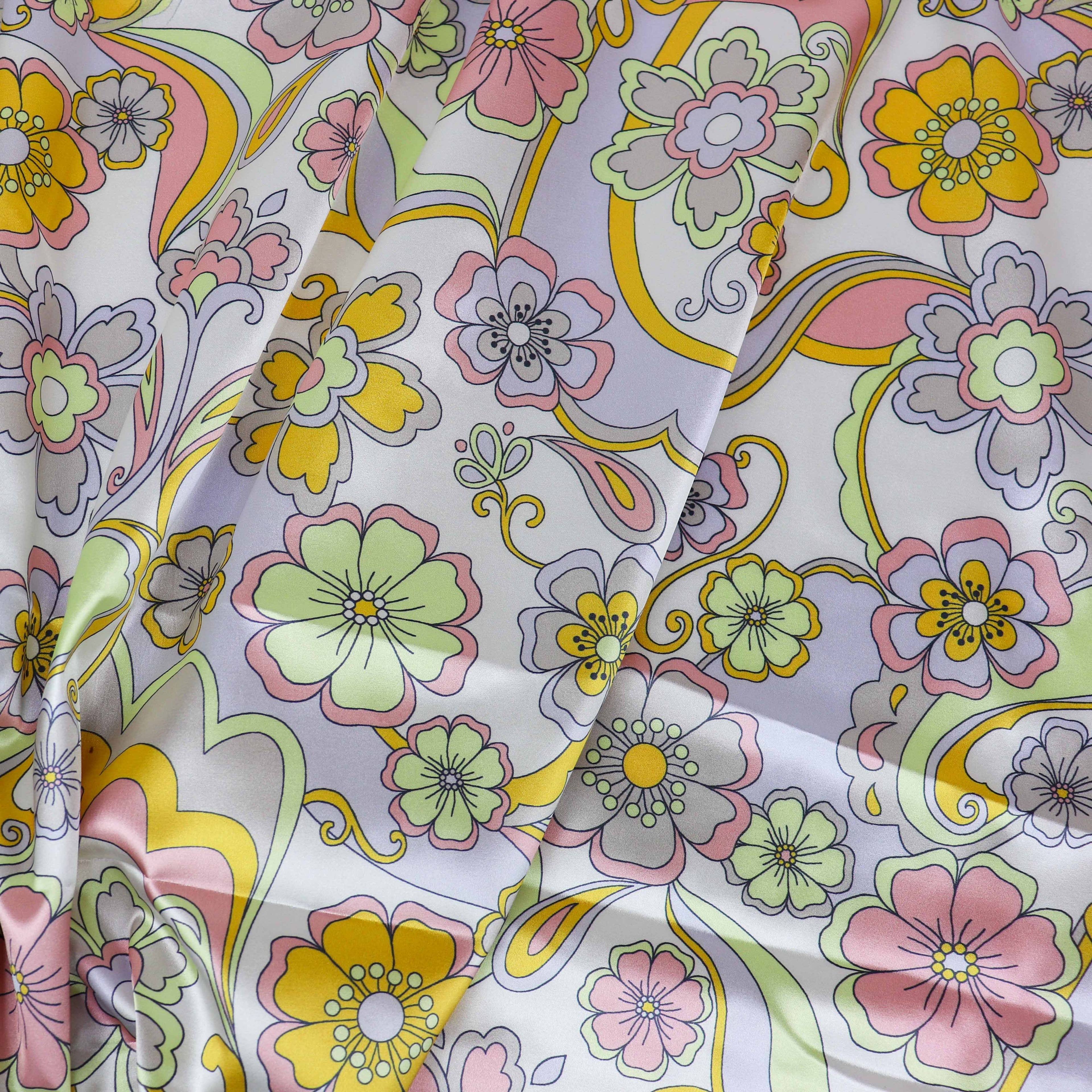 Retro Floral Print Stretch Satin Dress Fabric – Pink Yellow Lilac