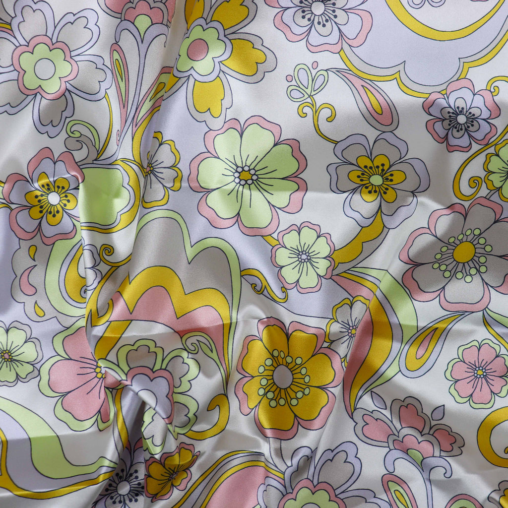 Retro Floral Print Stretch Satin Dress Fabric – Pink Yellow Lilac