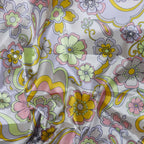 Retro Floral Print Stretch Satin Dress Fabric – Pink Yellow Lilac