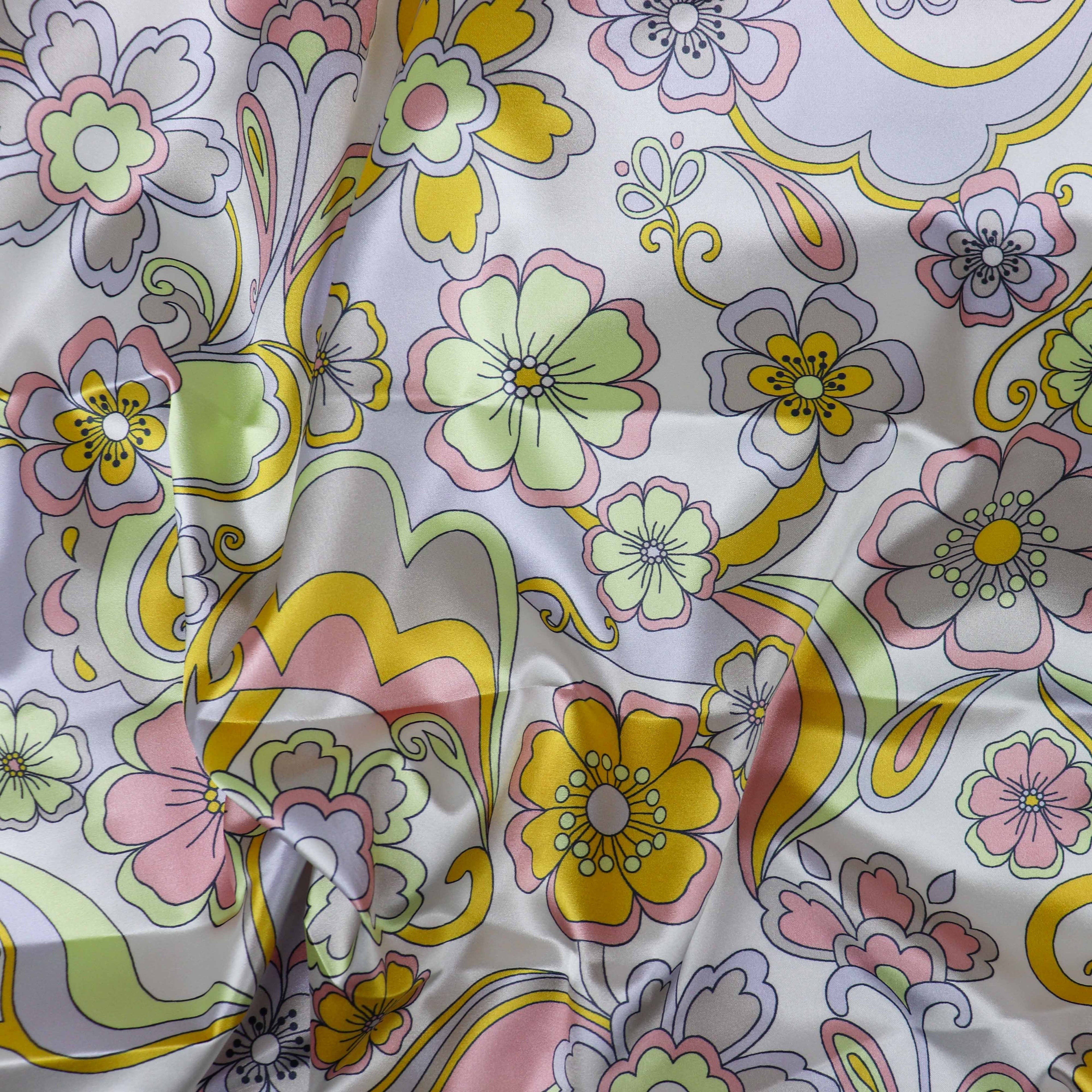 Retro Floral Print Stretch Satin Dress Fabric – Pink Yellow Lilac