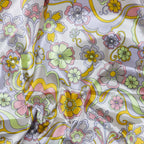 Retro Floral Print Stretch Satin Dress Fabric – Pink Yellow Lilac