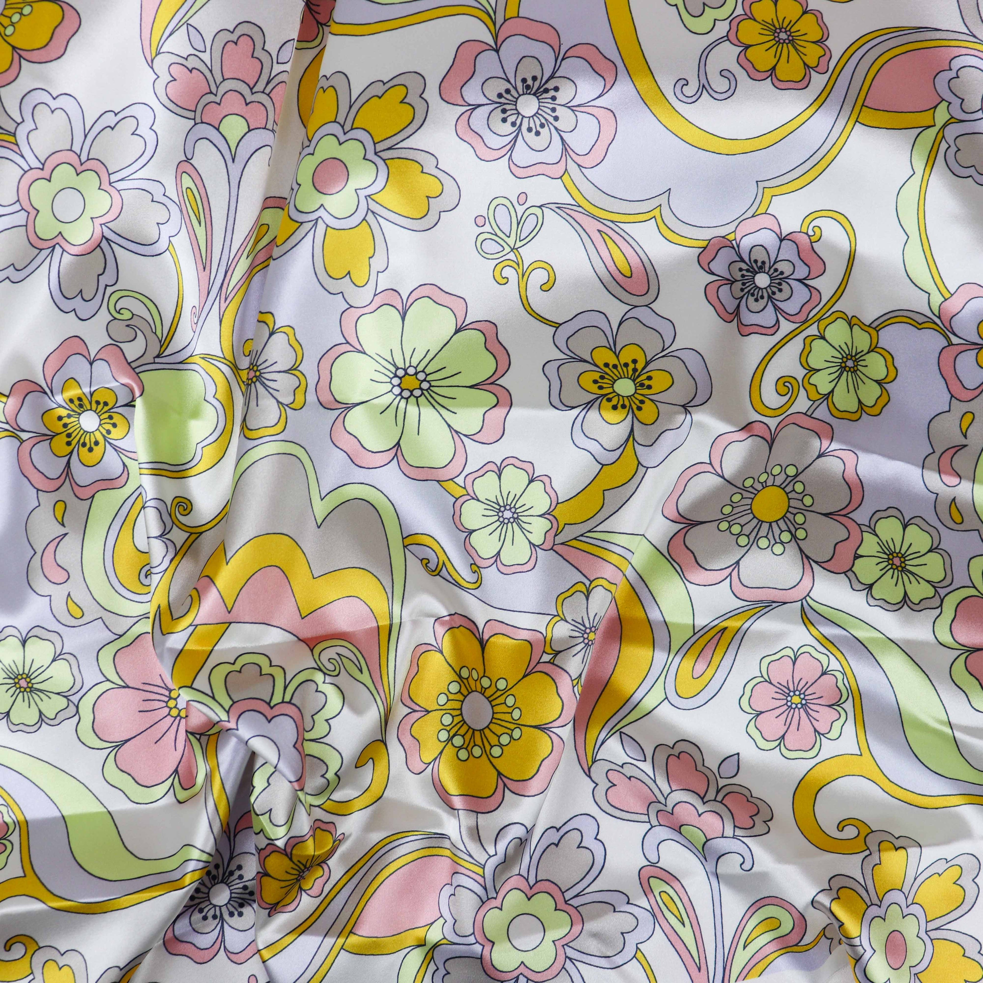 Retro Floral Print Stretch Satin Dress Fabric – Pink Yellow Lilac