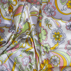 Retro Floral Print Stretch Satin Dress Fabric – Pink Yellow Lilac