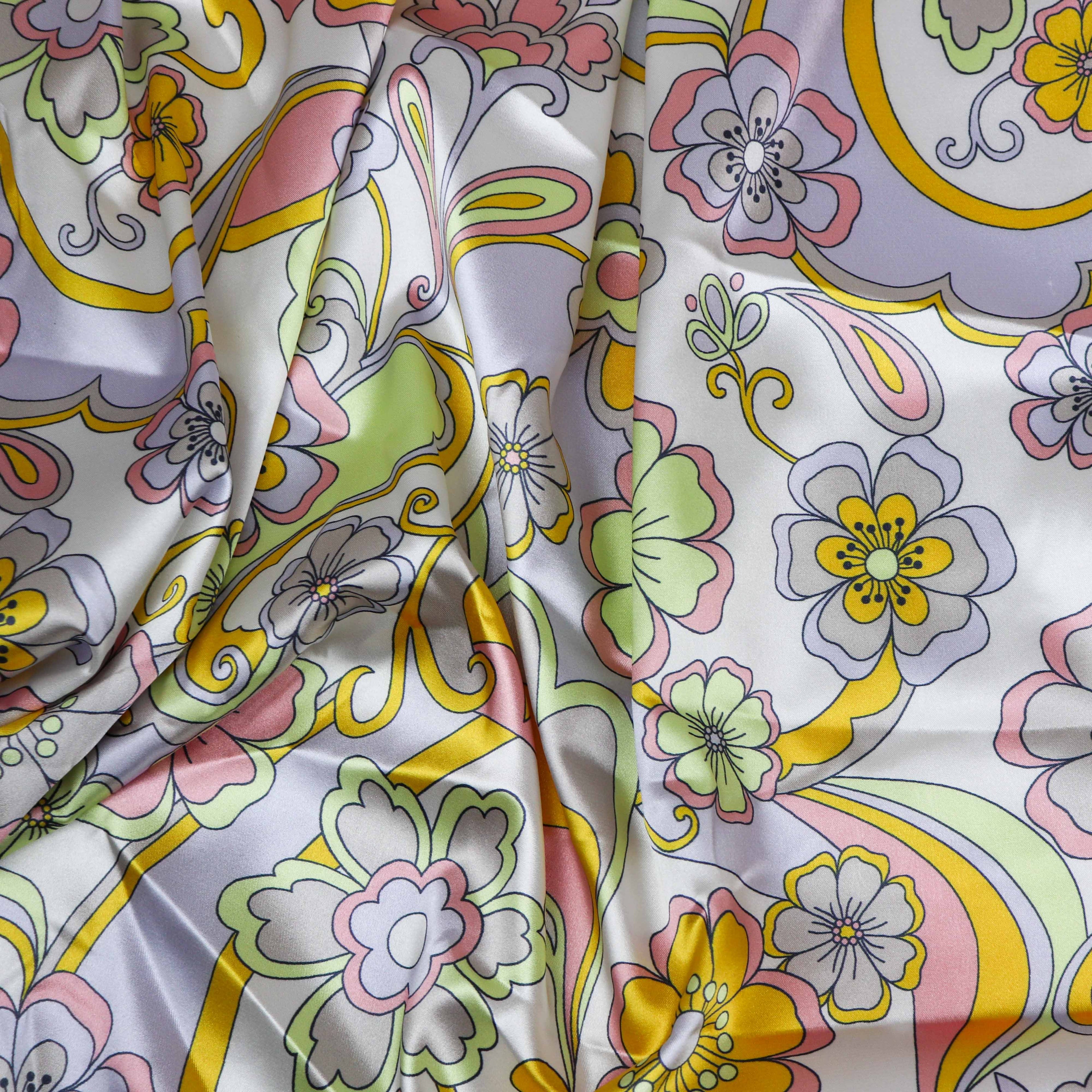 Retro Floral Print Stretch Satin Dress Fabric – Pink Yellow Lilac