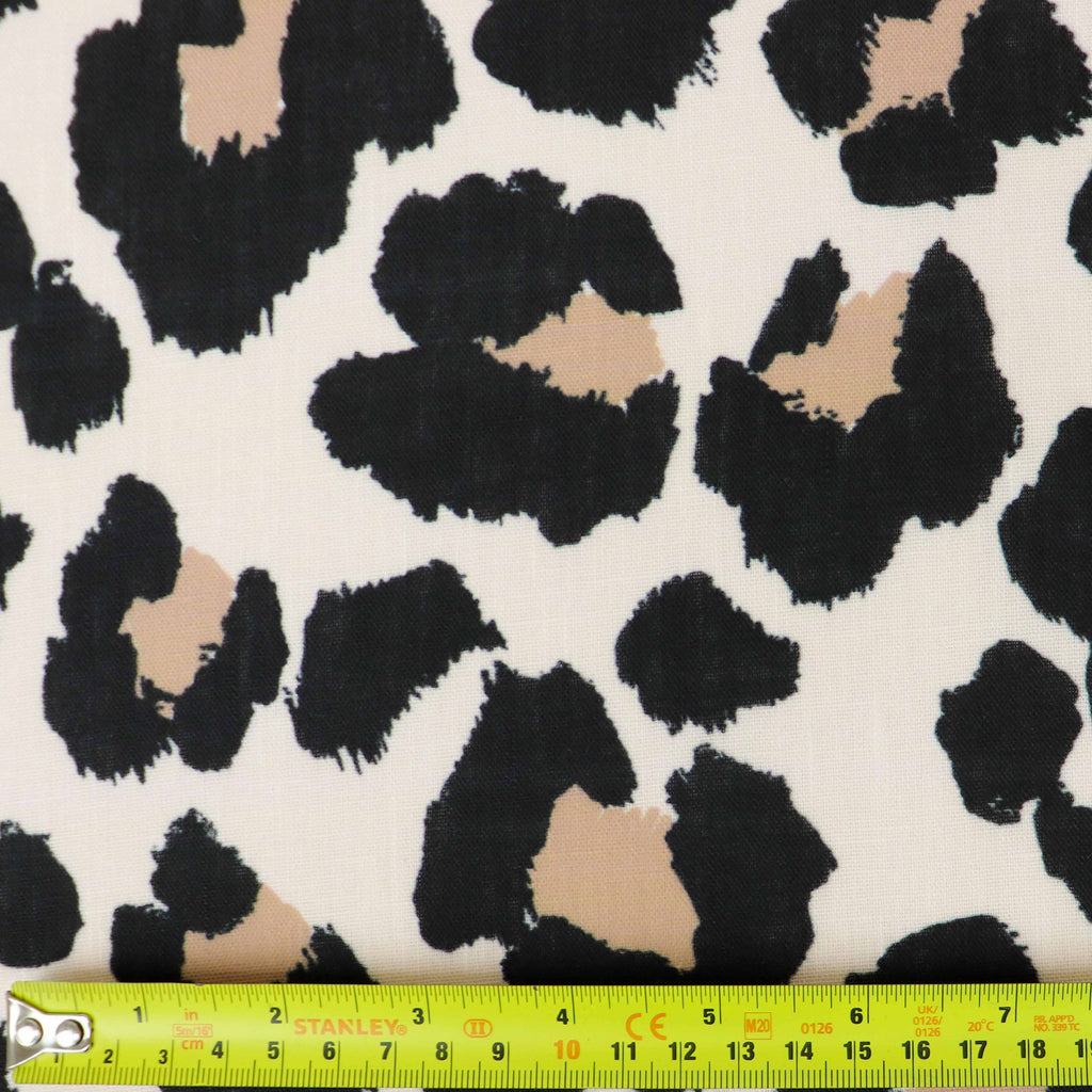 Cream Black & Tan Leopard Animal Print Linen Look Fabric