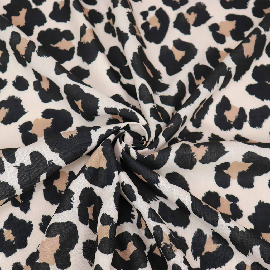 Cream Black & Tan Leopard Animal Print Linen Look Fabric