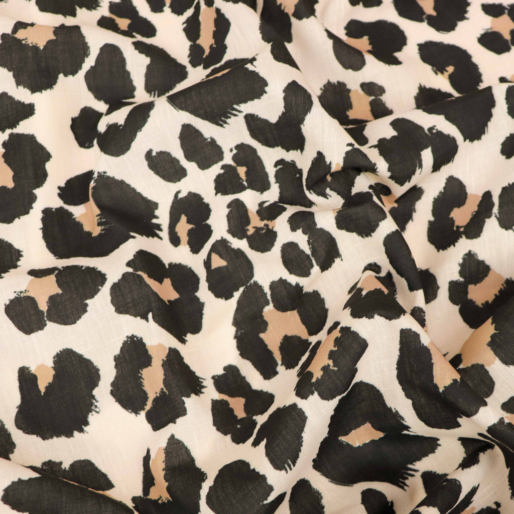 Cream Black & Tan Leopard Animal Print Linen Look Fabric