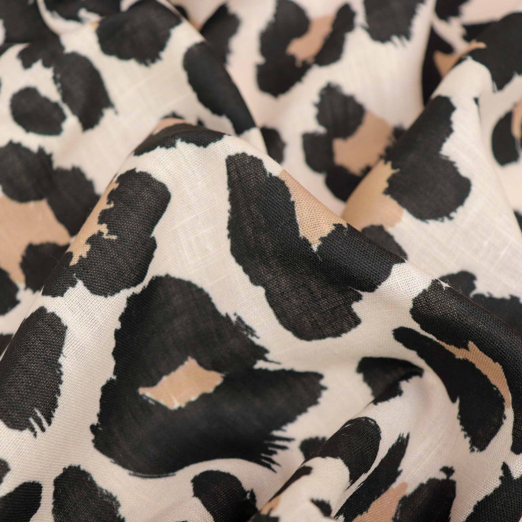 Cream Black & Tan Leopard Animal Print Linen Look Fabric