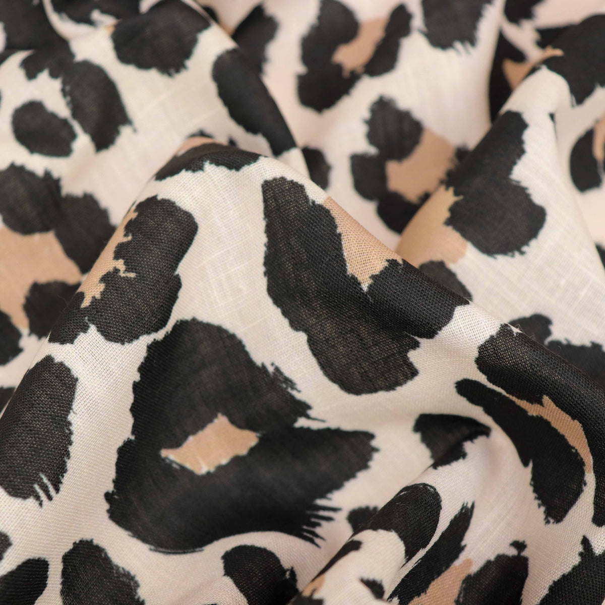 Cream Black & Tan Leopard Animal Print Linen Look Fabric