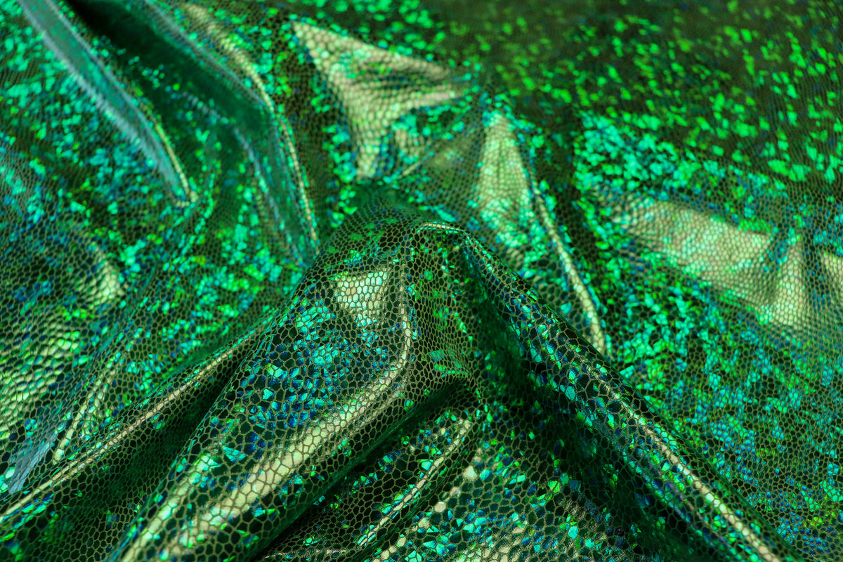Green Snake Scale Fabric Metallic Foil All Way Stretch