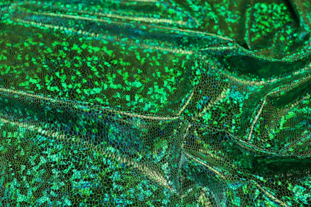 Green Snake Scale Fabric Metallic Foil All Way Stretch