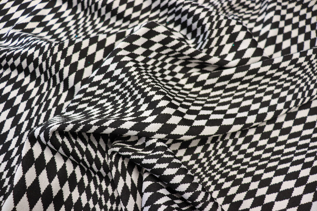 Abstract Diamond Jacquard Fabric Black White Geometric Stretch