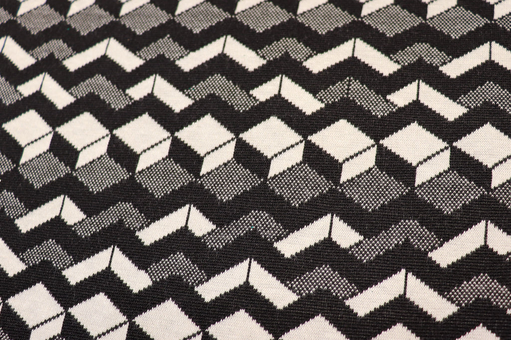 Geometric Stretch Jacquard Fabric Black Cream Grey Angular Pattern