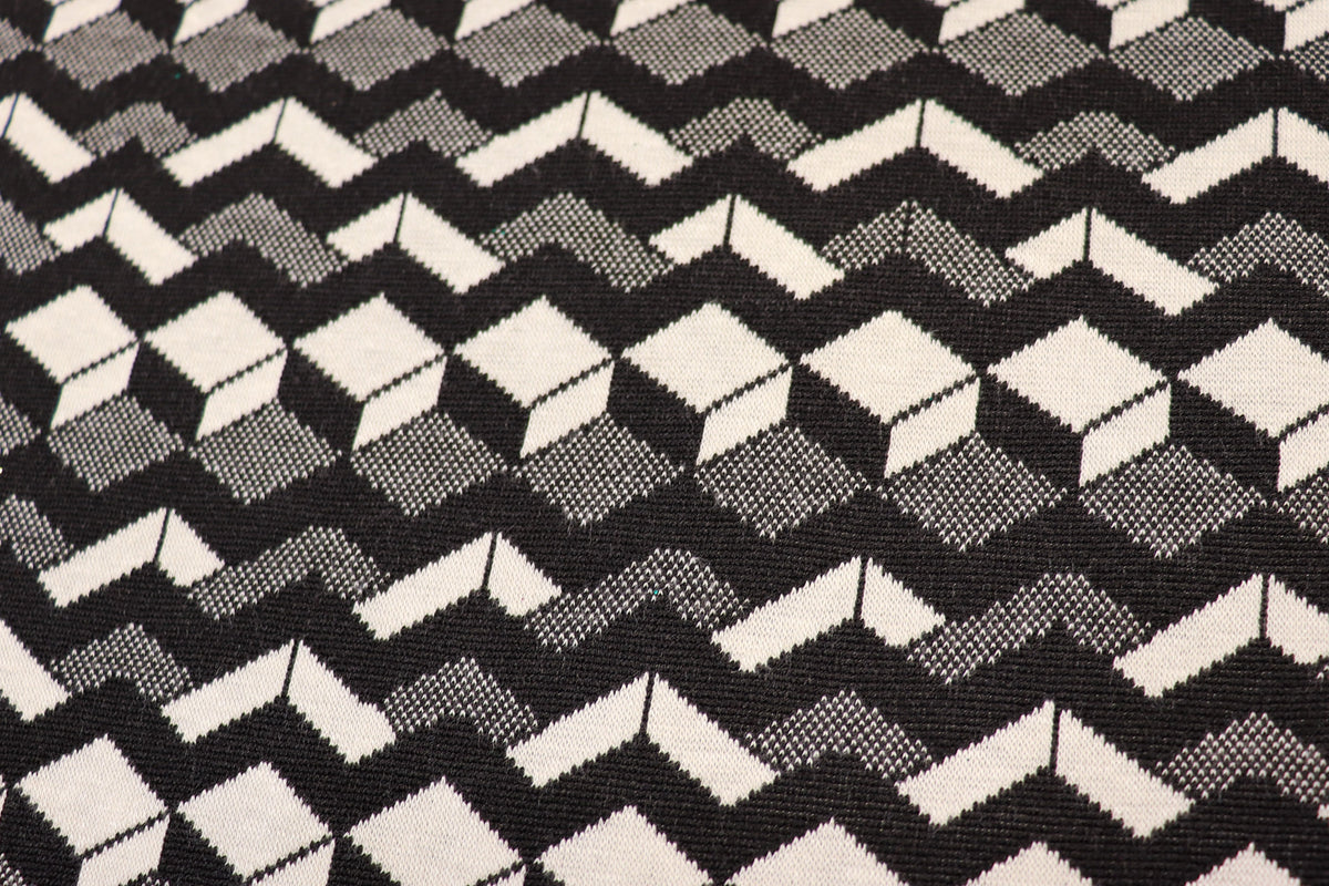 Geometric Stretch Jacquard Fabric Black Cream Grey Angular Pattern